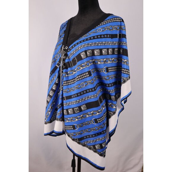 Michael Kors Women's Blue Black Chain Print Poncho Top Size L/XL Polyester Light - Picture 4 of 11